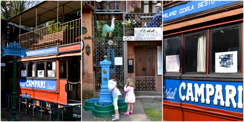 tram trainato da cavalli a due piani con reclam del Campari